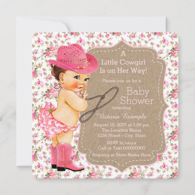 Burlap Cowgirl Baby Dusche Floral Calico Einladung (Vorderseite)