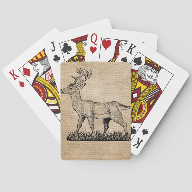 Burlap Deer Buck Horns Rustikaler Hintergrund Spielkarten (Rückseite)