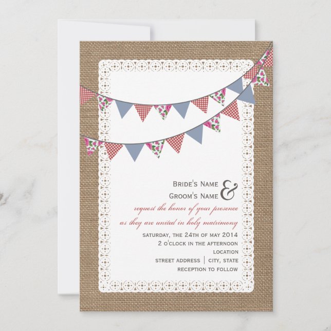 Burlap  Gingham & Floral Bunting Wedding Einladung (Vorderseite)