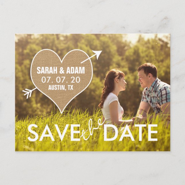 Burlap Heart | rustikal Save the Date Ankündigungspostkarte (Vorderseite)