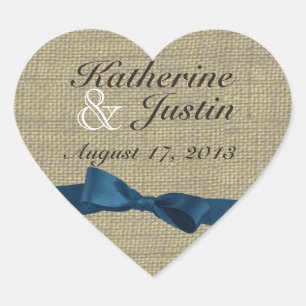 Burlap Heart und Dark Blue Bow Herz-Aufkleber