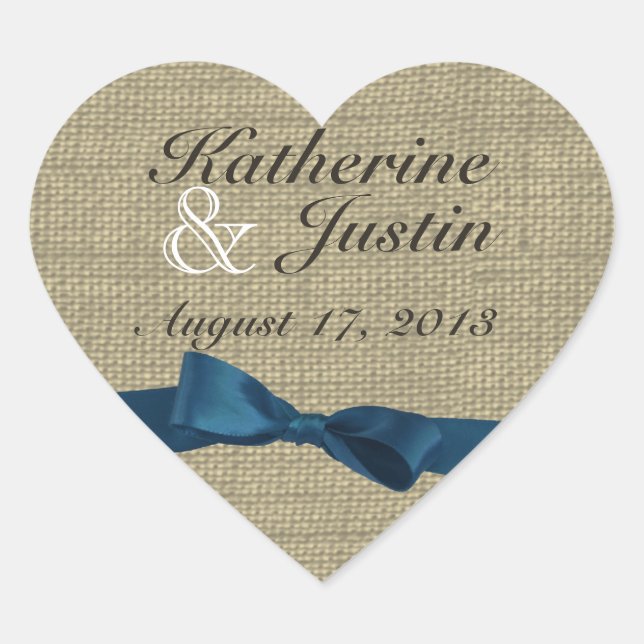 Burlap Heart und Dark Blue Bow Herz-Aufkleber (Vorderseite)