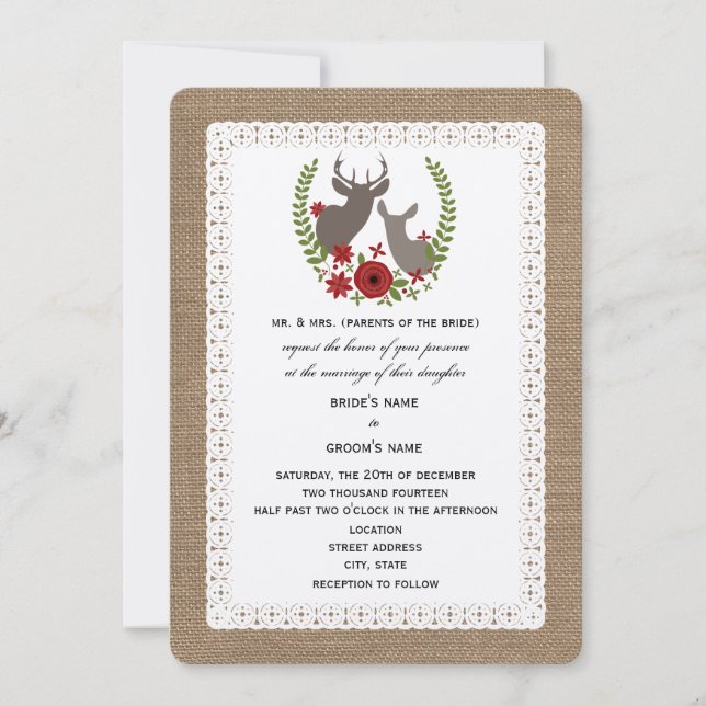 Burlap + Hochzeitsschuh + Doe Deer Einladung (Vorderseite)