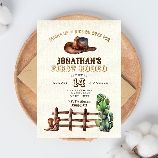 Burlap Imitats Gold Cowboy First Rodeo Einladung (Von Creator hochgeladen)