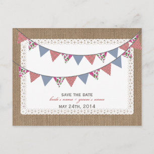 Burlap Inspiriert Gingham Floral Flags Save the Da Ankündigungspostkarte