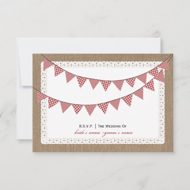 Burlap Inspiriert Red Gingham Bunting UAWG RSVP Karte (Vorderseite)