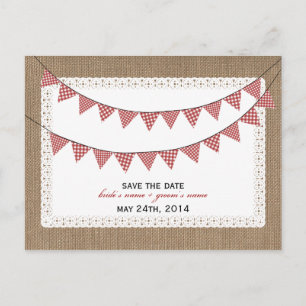 Burlap Inspiriert Red Gingham Flags Save the Date Ankündigungspostkarte