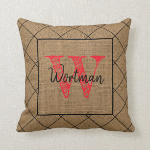 Burlap Kariert Rustikal Red Monogram Kissen Kissen