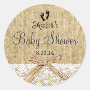 Burlap Lace and Footprints Baby Dusche- Gefallen Runder Aufkleber