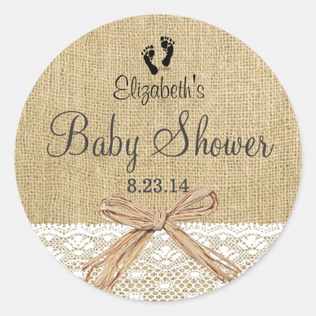 Burlap Lace and Footprints Baby Dusche- Gefallen Runder Aufkleber (Vorderseite)