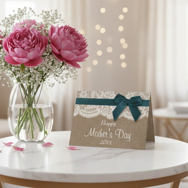 Burlap, Lace & Aquamarin Bow Happy Mother Day Karte (Von Creator hochgeladen)