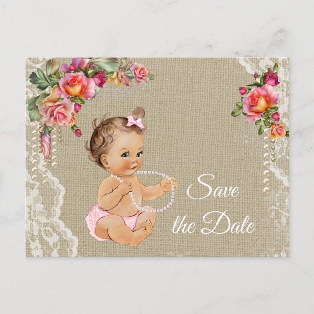 Burlap Lace Baby Dusche Save the Date Ankündigungspostkarte (Vorderseite)
