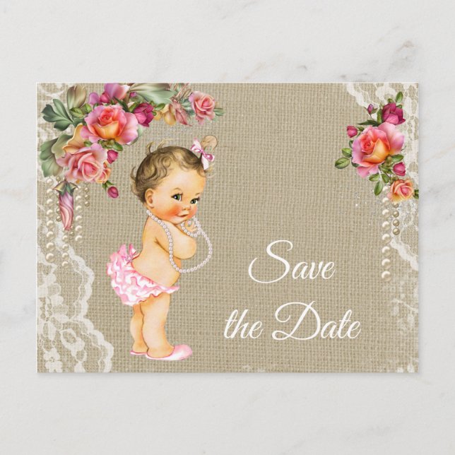 Burlap Lace Baby Dusche Save the Date Postkarten (Vorderseite)