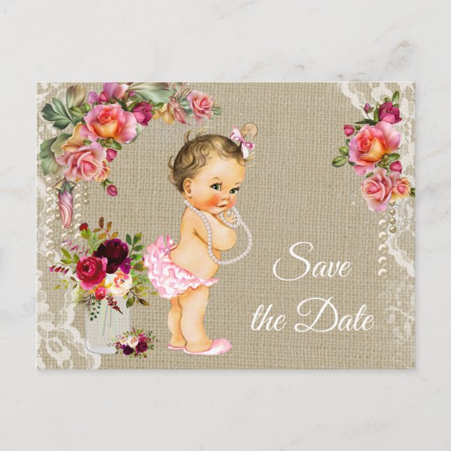 Burlap Lace Baby Dusche Save the Date Postkarten (Vorderseite)