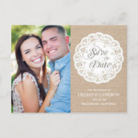 Burlap Lace Doily Save the Date Postcard