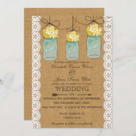 Burlap Lace gelbe Hydrangeas Mason-Glas lädt ein Einladung