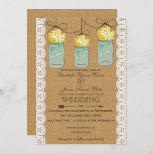 Burlap Lace gelbe Hydrangeas Mason-Glas lädt ein Einladung