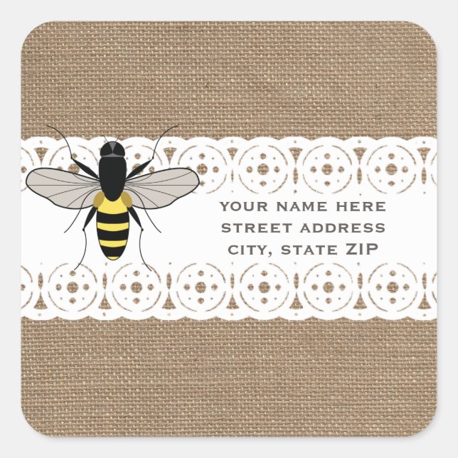 Burlap & Lace Inspiriert Honey Bee-Adresse Quadratischer Aufkleber (Vorderseite)