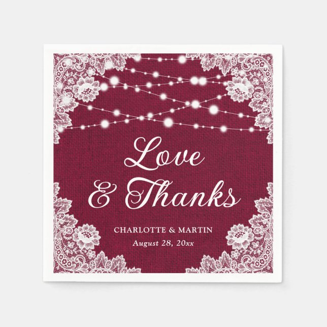 Burlap Lace Liebe und Dank Burgundy Wedding Serviette (Vorderseite)