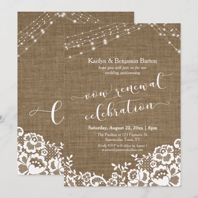 Burlap Lace Light Strings Vow Renewal Celebration Einladung (Vorne/Hinten)