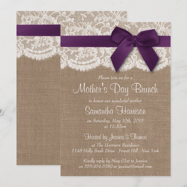 Burlap, Lace & Lila Bow Mother Day Brunch Einladung (Vorne/Hinten)