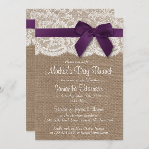 Burlap, Lace & Lila Bow Mother Day Brunch Einladung