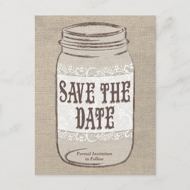 Burlap Lace Mason Jar Save the Date Ankündigungspostkarte (Vorderseite)
