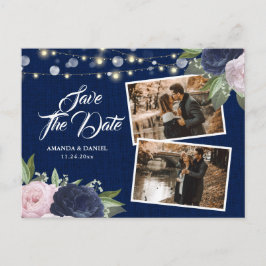 Burlap Lace Navy Blue Blush Save the Date Foto Ankündigungspostkarte