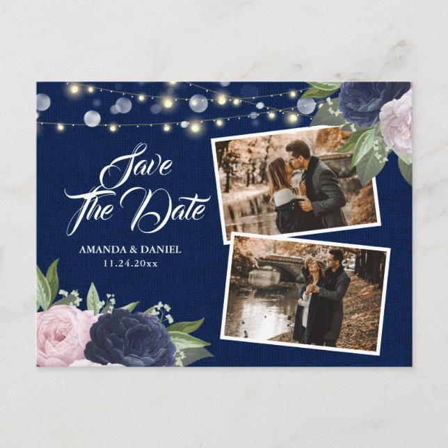 Burlap Lace Navy Blue Blush Save the Date Foto Ankündigungspostkarte (Vorderseite)