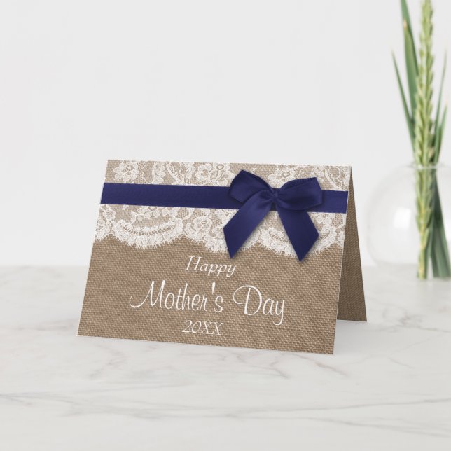 Burlap, Lace & Navy Bow Happy Mother Day Karte (Vorderseite)