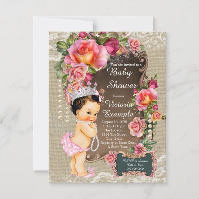 Burlap Lace Pearl Princess Baby Dusche Einladung (Vorderseite)