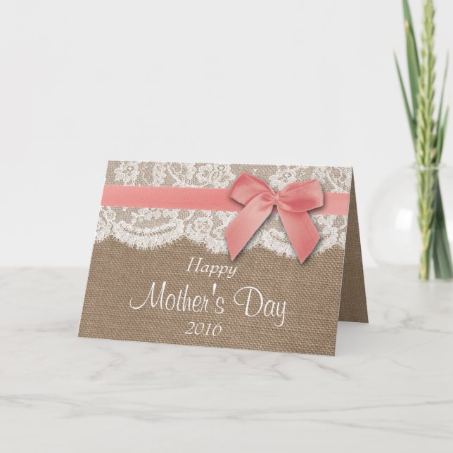 Burlap, Lace & Pink Bow Happy Mother Day Karte (Vorderseite)