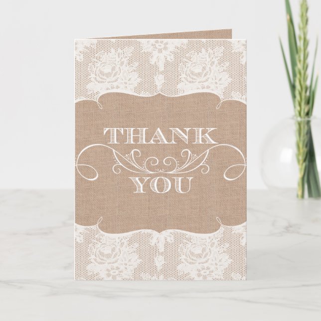 Burlap & Lace Print Wedding Danke Karten (Vorderseite)