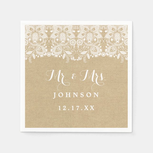 Burlap Lace Rustic Wedding Paper Napkins Serviette (Vorderseite)