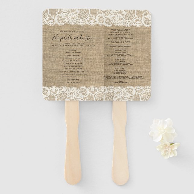 Burlap Lace Rustic Wedding Program Fan Fächer (Vorne und Hinten)