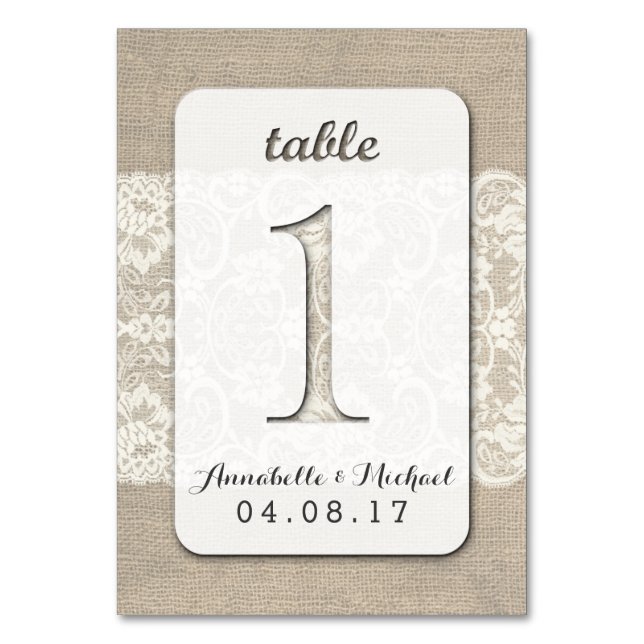 Burlap Lace Rustic Wedding Tischnummer Card 1 (Vorderseite)