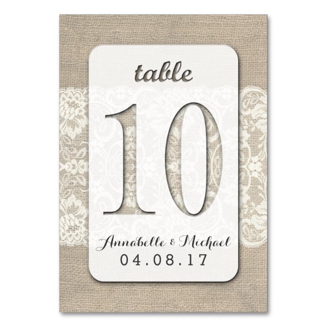 Burlap Lace Rustic Wedding Tischnummer Card 10 (Vorderseite)
