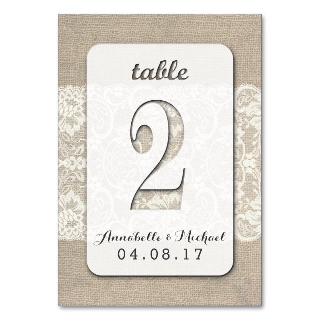 Burlap Lace Rustic Wedding Tischnummer Card 2 (Vorderseite)