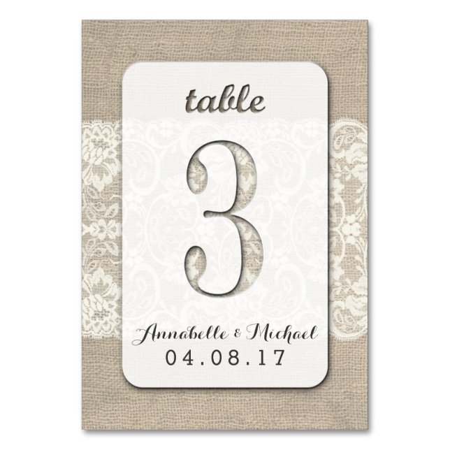 Burlap Lace Rustic Wedding Tischnummer Card 3 (Vorderseite)