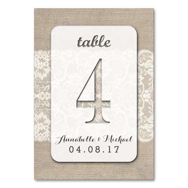 Burlap Lace Rustic Wedding Tischnummer Card 4 (Vorderseite)