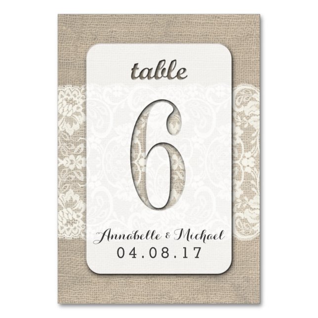Burlap Lace Rustic Wedding Tischnummer Card 6 (Vorderseite)