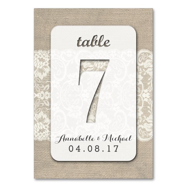 Burlap Lace Rustic Wedding Tischnummer Card 7 (Vorderseite)