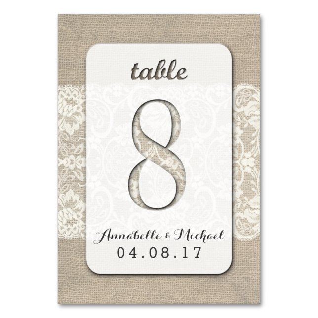Burlap Lace Rustic Wedding Tischnummer Card 8 (Vorderseite)