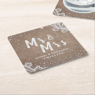 Burlap Lace silber Glitzer Mr & Mrs. rustic weddin Rechteckiger Pappuntersetzer