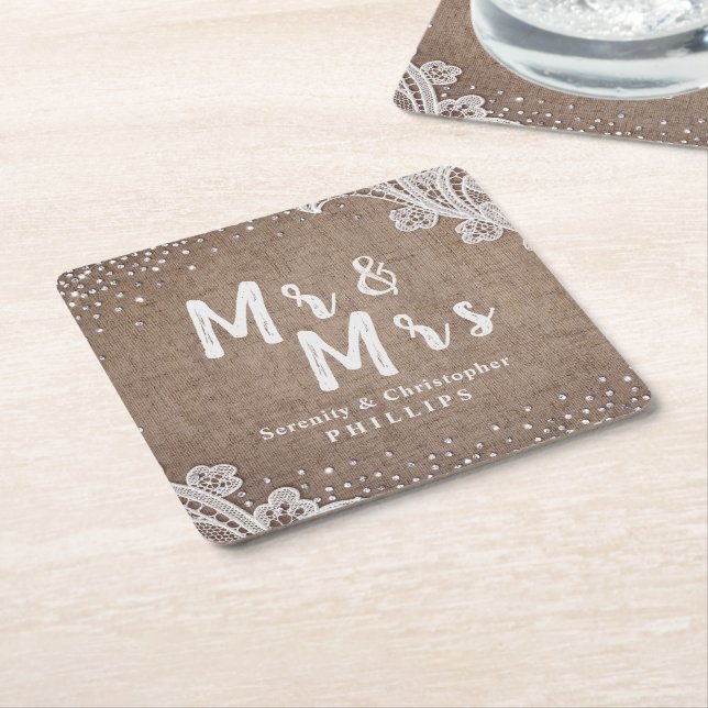 Burlap Lace silber Glitzer Mr & Mrs. rustic weddin Rechteckiger Pappuntersetzer (angewinkelt)