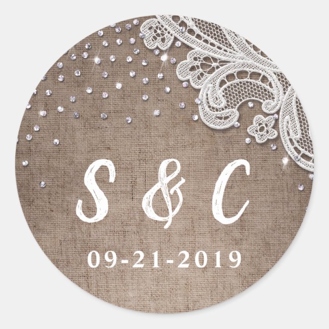 Burlap Lace silber Glitzer rustikale Wedding Monog Runder Aufkleber (Vorderseite)