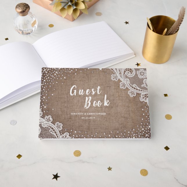Burlap Lace silber Glitzer rustikales Land Hochzei Gästebuch (Vorderseite Offen)