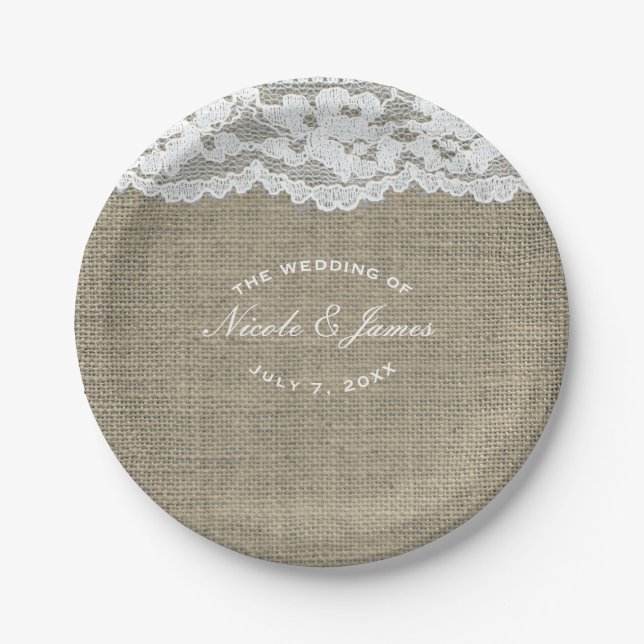 Burlap & Lace Simple Rustic Elegante Wedding Custo Pappteller (Vorderseite)