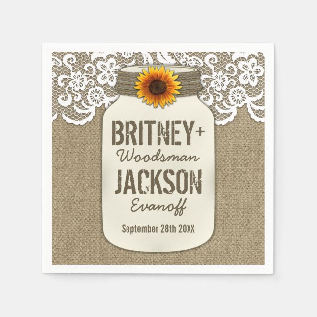 Burlap Lace Sunflower Mason Jar Wedding Napkins Serviette (Vorderseite)