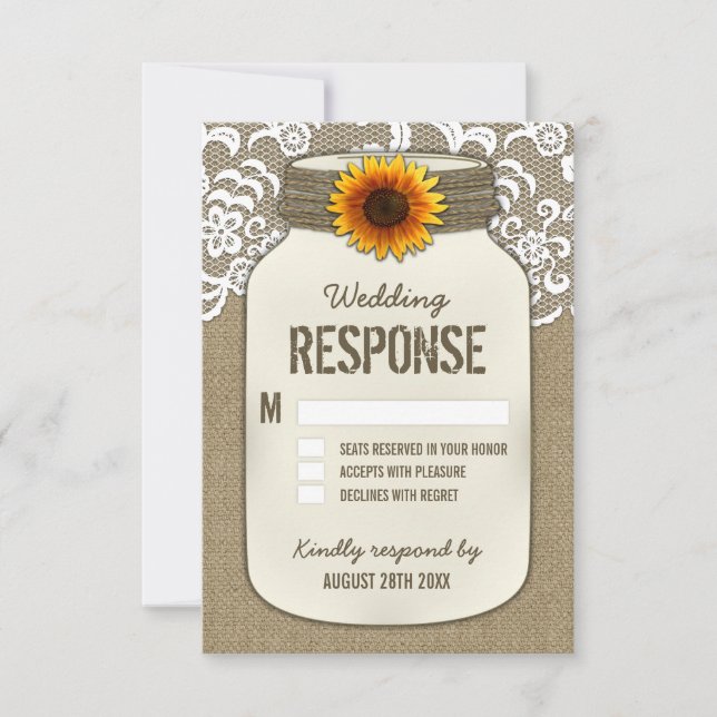 Burlap Lace Sunflower Mason Jar Wedding RSVP Karte (Vorderseite)